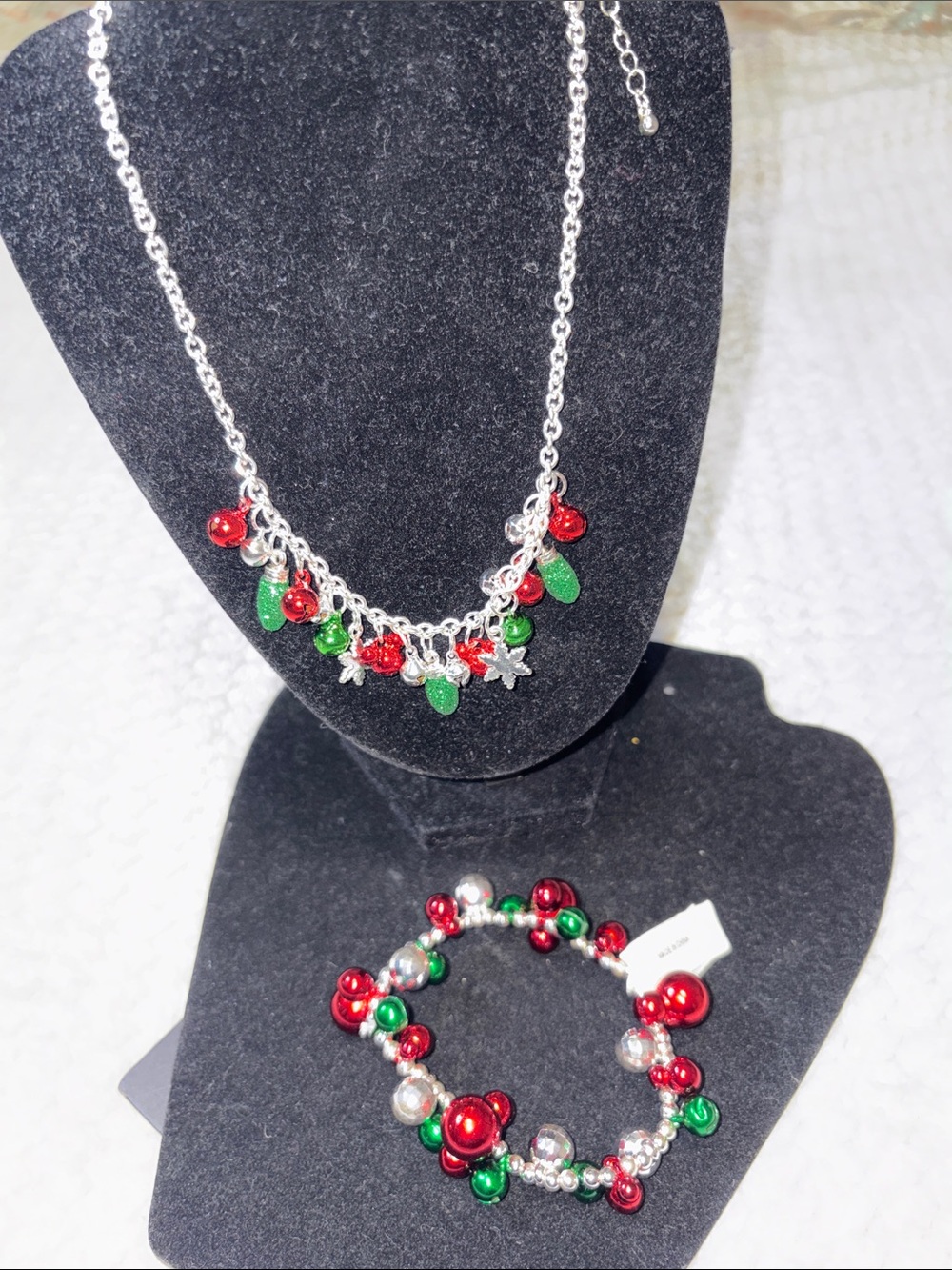 Disney Festive Red and Green Christmas bells Charm Necklace and Bracelet Set